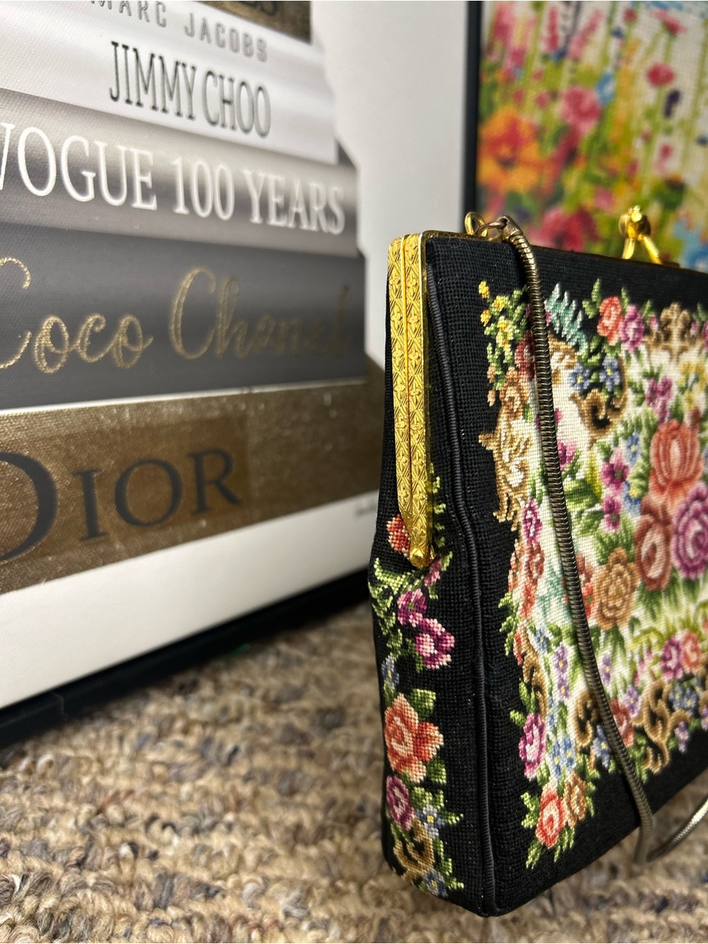 Vintage Needlepoint Floral Tapestry Purse • Petit Point • Kiss Lock • Chain - Picture 4 of 8